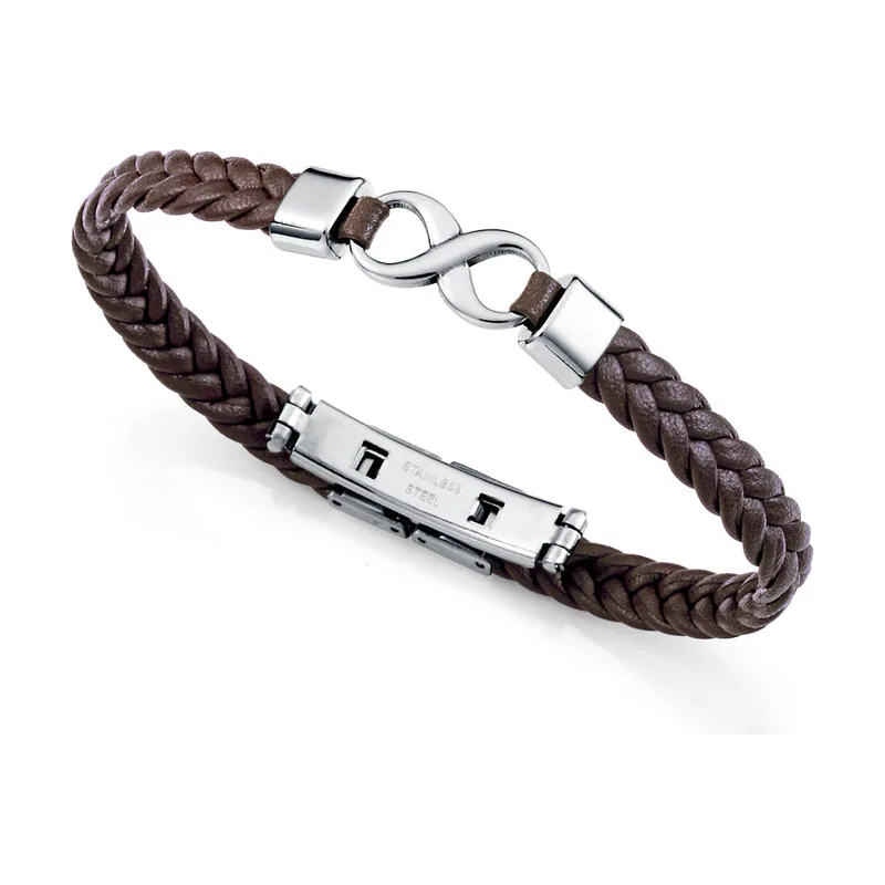 Pulsera de acero y piel marrón trenzada 14331P01011