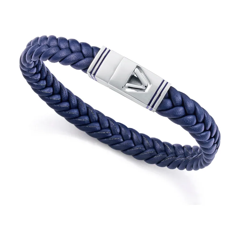 Pulsera de acero y piel azul trenzada con esmalte 14330P01013