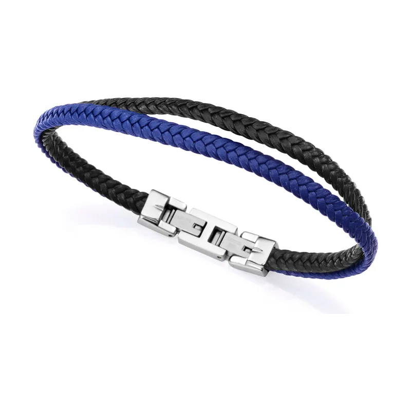 Pulsera doble de acero con piel trenzada 15168P01013