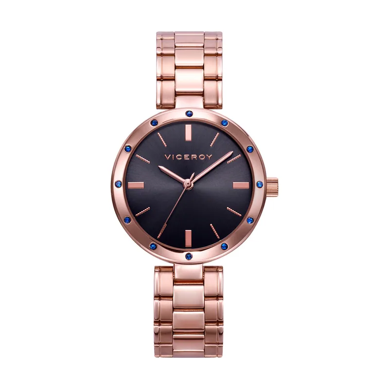 Reloj de mujer Kiss tres agujas de acero IP rosa y esfera negra 401148-17