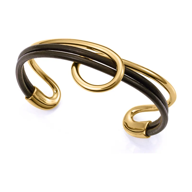 Pulsera doble de acero Ip dorado y piel 15155P01010