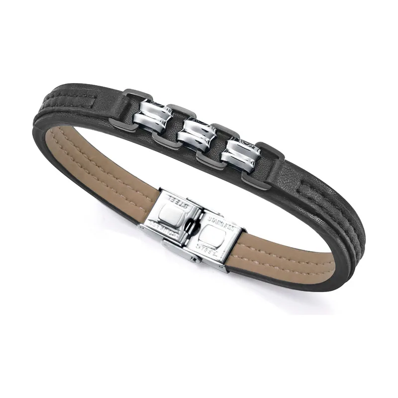 Pulsera de piel negra con cadena bicolor en acero Ip negro 15151P01010