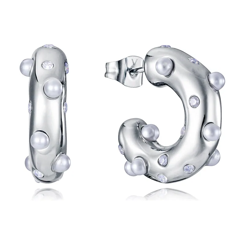 Pendientes de acero, aro abierto con circonitas blancas y perlas sintéticas, largo 2 cm. 15148E01000