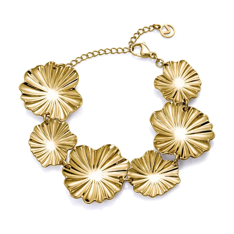 Pulsera Chic de acero Ip dorado con placas de flores 15149P01012