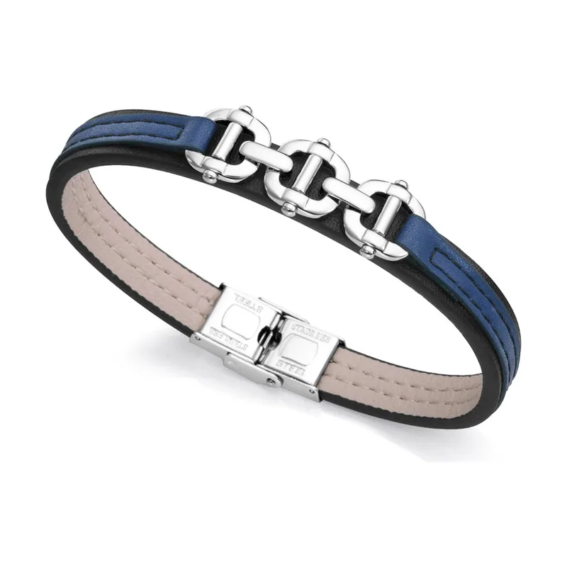 Pulsera Magnum de acero con piel negra y azul y motivo en acero 15147P01010