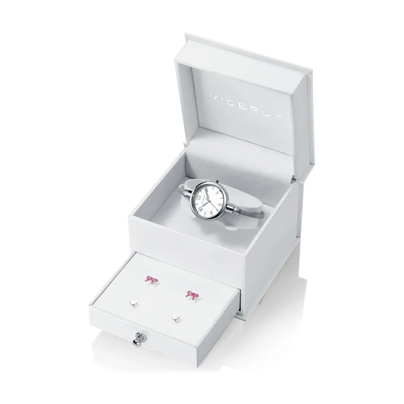 Set de reloj y pendientes de Niña Sweet de acero y malla milanesa tubular 401084-95