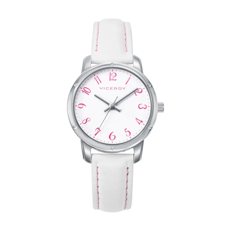 Reloj caja de acero, correa de piel blanca, movimiento cuarzo. Pulsera de plata con cordon rosa con motivos de corazones de regalo 401274-04