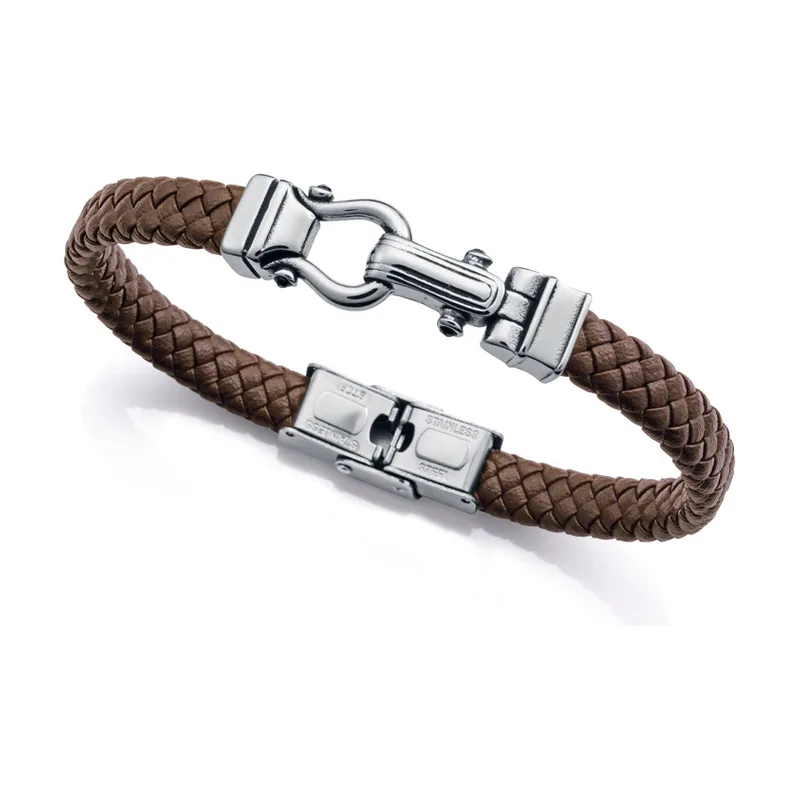 Pulsera de acero y piel marrón trenzada 14300P01011
