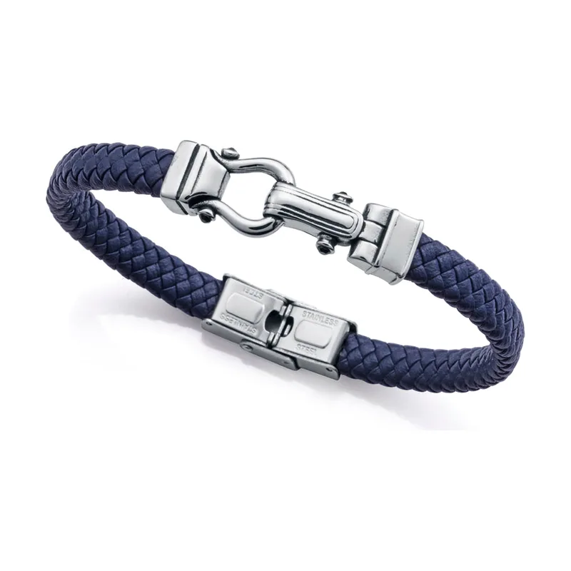 Pulsera de acero y piel azul trenzada 14300P01013
