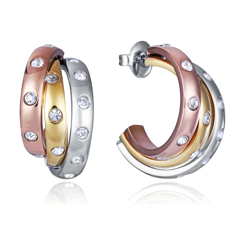 Pendientes de acero tres aros abiertos en tres tonos 14192E01019