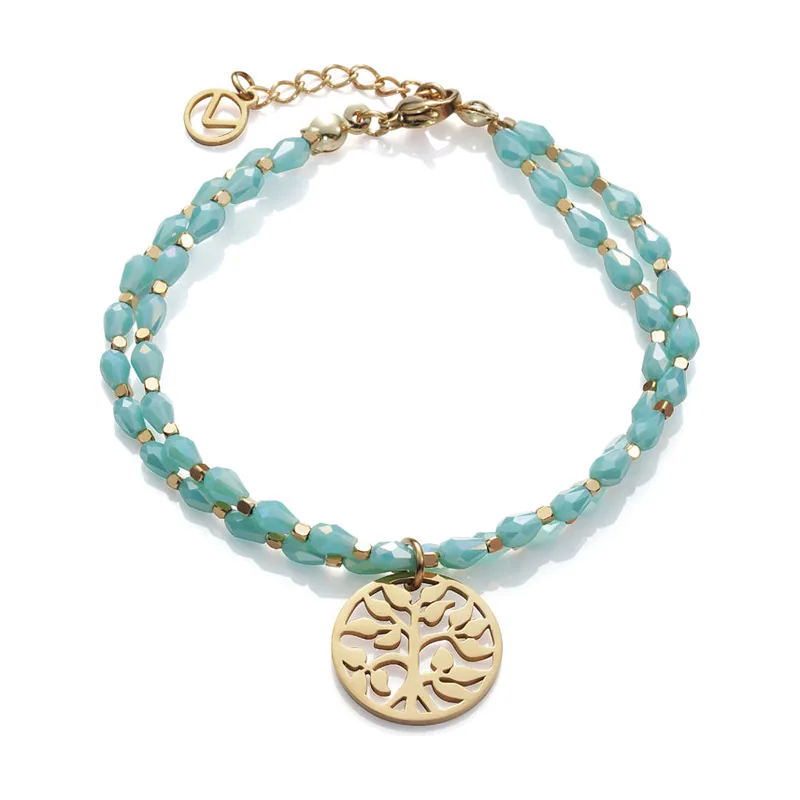 Pulsera Chic de acero dorado con piedras azules y motivo del árbol de la vida 1349P01012