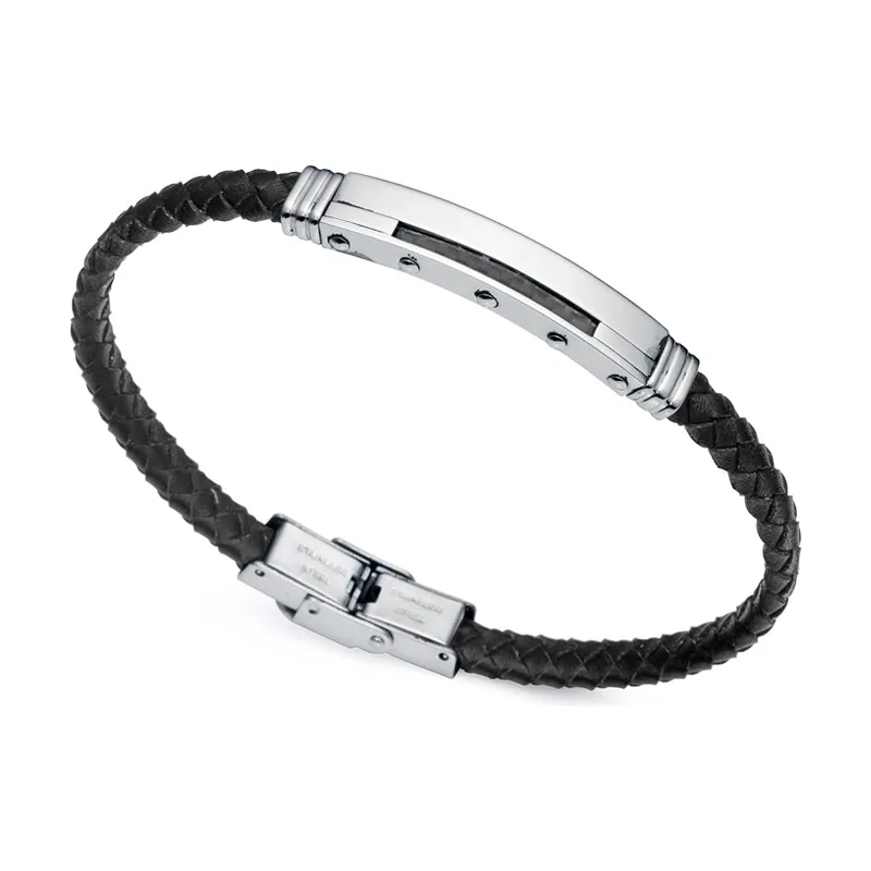Pulsera Beat de acero y fibra de carbono con piel negra trenzada 14056P01010
