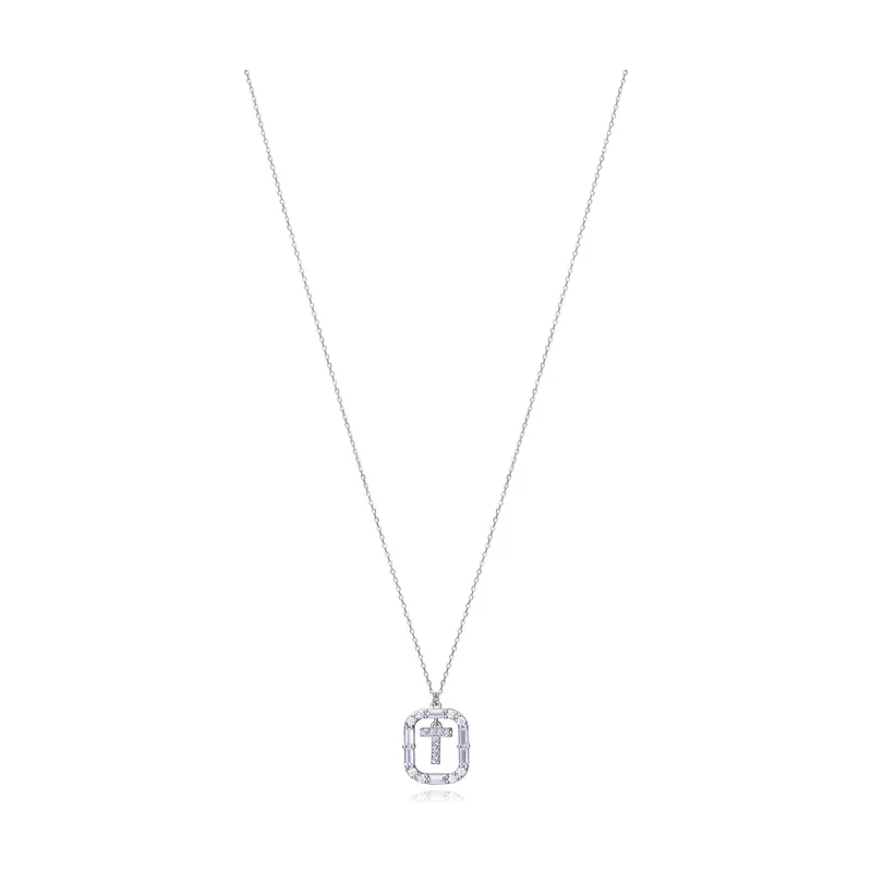 Collar Elegant de plata de ley con letra T con baño de rodio y circonitas 13181C000-30T