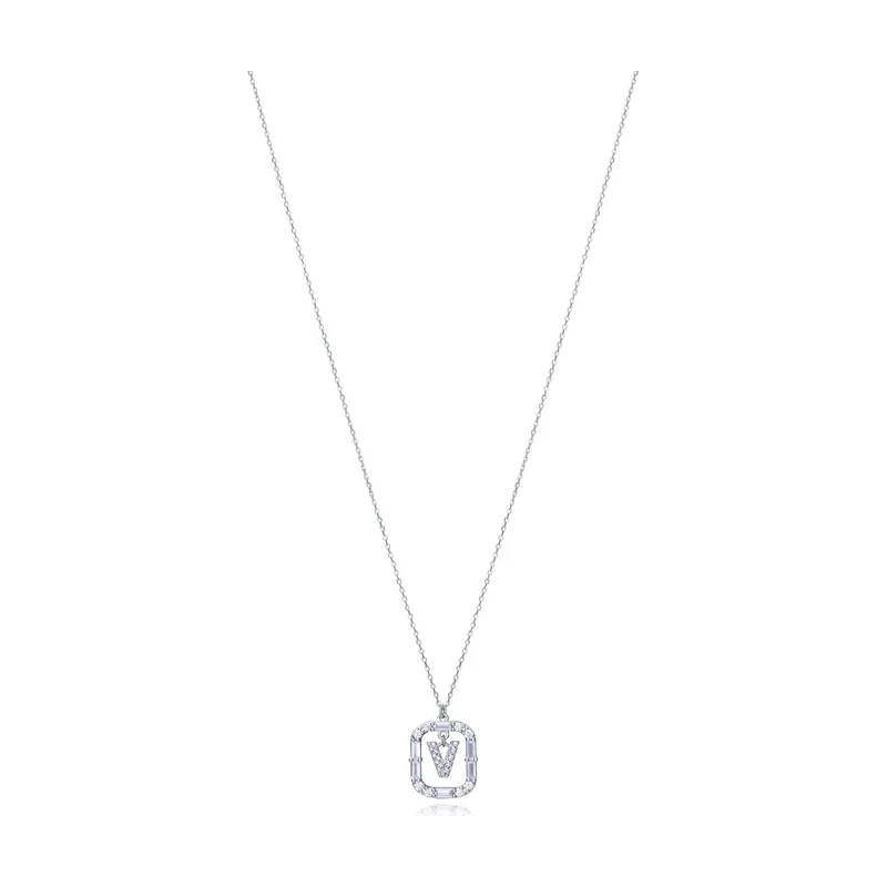 Collar Elegant de plata de ley con letra V con baño de rodio y circonitas 13181C000-30V