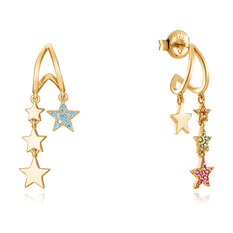 Pendientes Trend de plata de ley con baño de oro y estrellas de colores 13076E100-39
