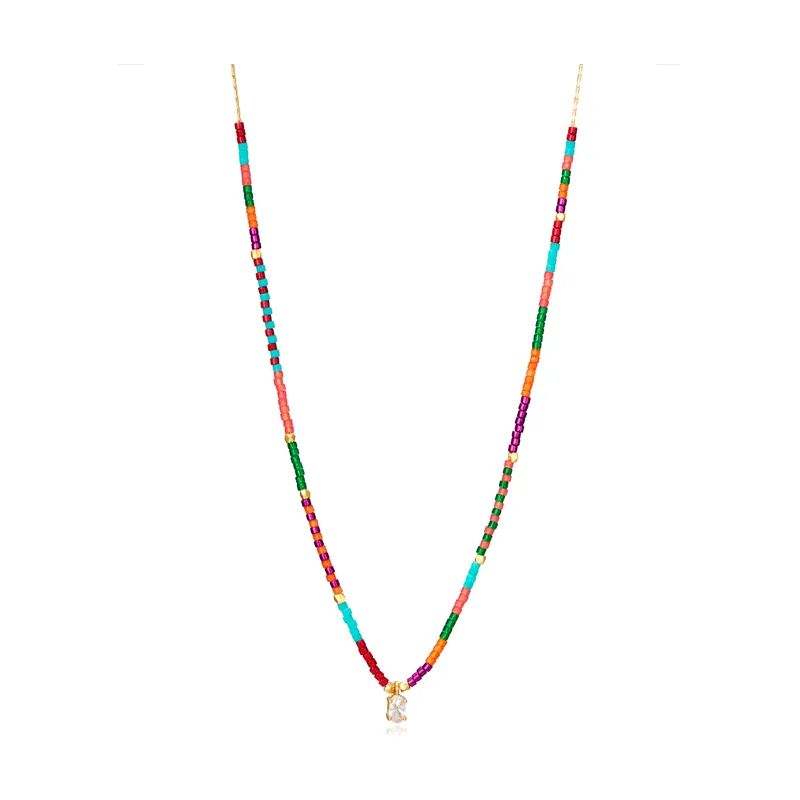 Collar Trend de plata de ley con baño de oro y cuentas de cristal en multicolor y circonita 13039C100-99