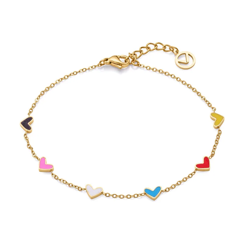 Pulsera Love de acero Ip dorado con corazónes y esmalte de colores 14001P01012