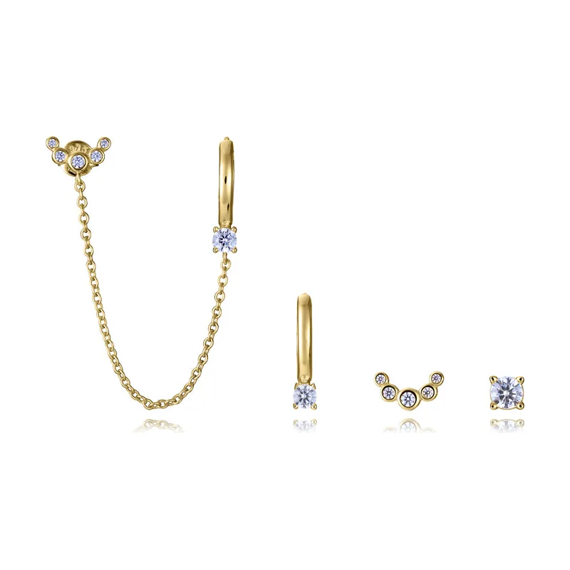 Pendientes de plata de primera ley con baño de oro, 4 piezas con circonitas blancas, par de aros y a presión 9163E100-30