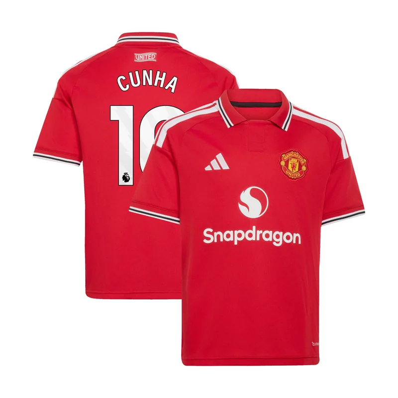 Camiseta de la equipación local del Manchester United 2026-27 para niños con dorsal Cunha 10