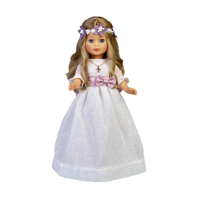Muñeca de colección para Primera Comunión con vestido blanco y corona de flores