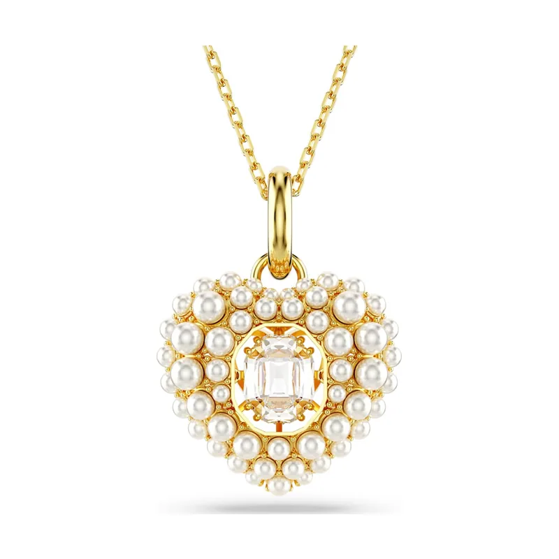 Colgante Idyllia, Perla de cristal, Corazón, Acabado en oro de 18 quilates