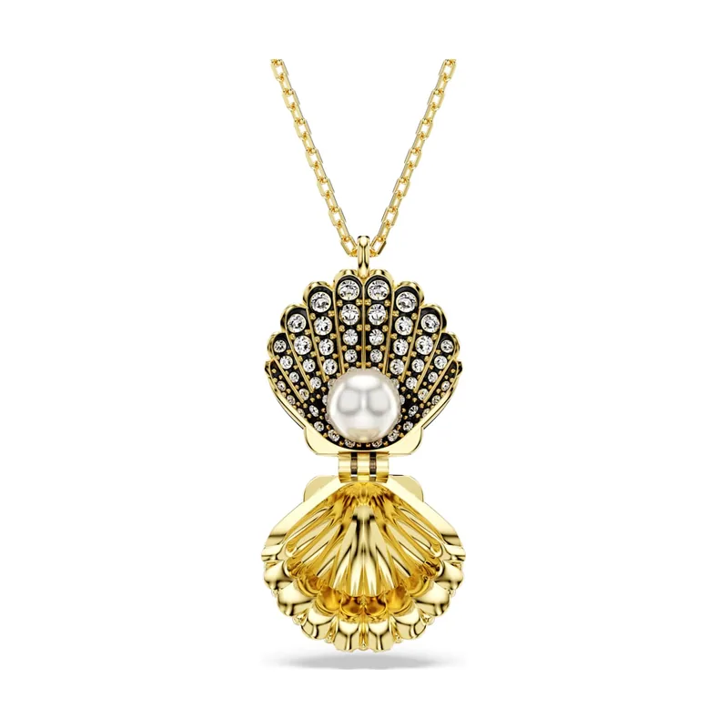Colgante Idyllia, Perla de cristal, Concha de mar, Acabado en oro de 18 quilates