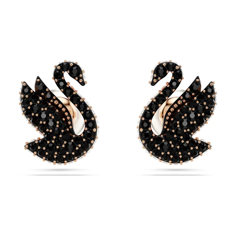 Pendientes de botón Swan, Perla de cristal, Cisne, Acabado en oro rosa de 18 quilates
