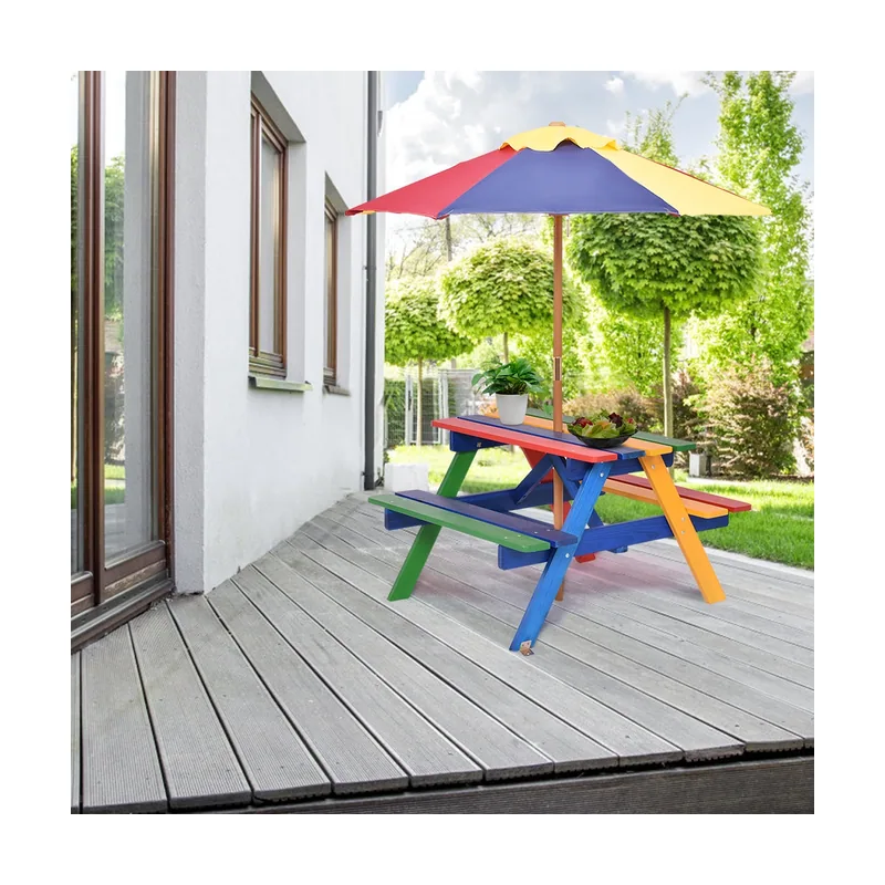 Equipo con Mesa Picnic de Madera y Sombrilla Plegable para Exterior Jardín Patio Multiuso