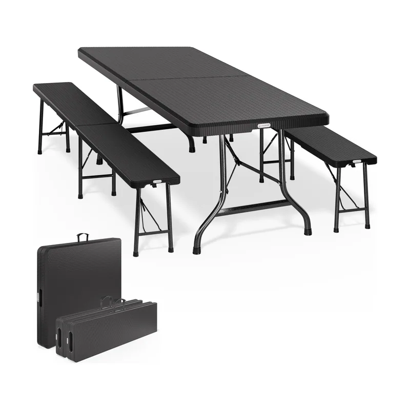 Conjunto mesa y bancos Malmö plástico negro 180cm plegables