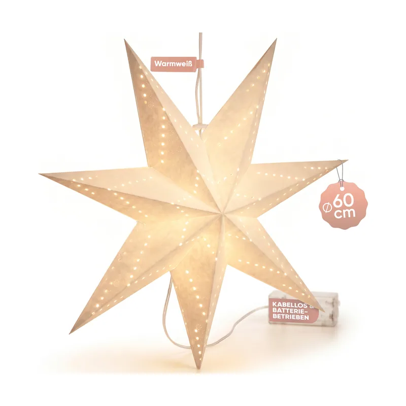 Estrella de papel crema 60cm diámetro 7 puntas con 10 LEDs
