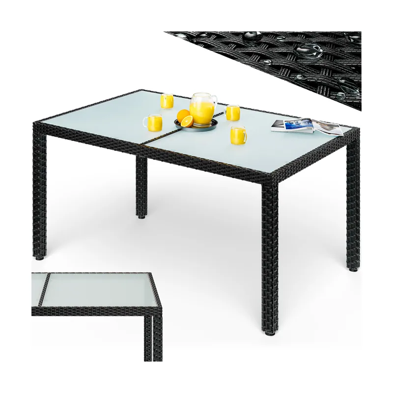 Mesa de jardín de poliratán negro 150x90x75cm cristal