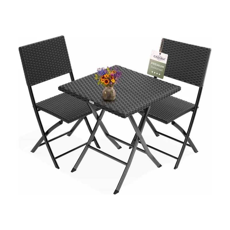 Conjunto de balcón Roma 3 piezas poliratán negro plegable