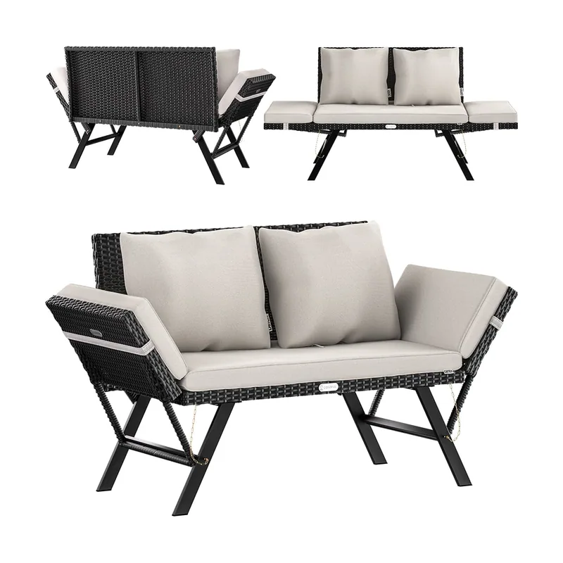 Banco de jardín poliratán crema 176x56x81cm función tumbona