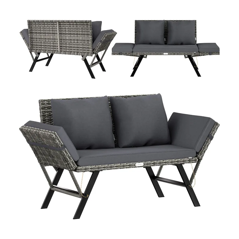 Banco de jardín poliratán gris 176x56x81cm función tumbona