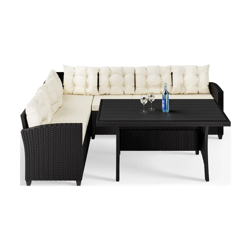 Conjunto de jardín esquina negro/crema poliratán 6 personas