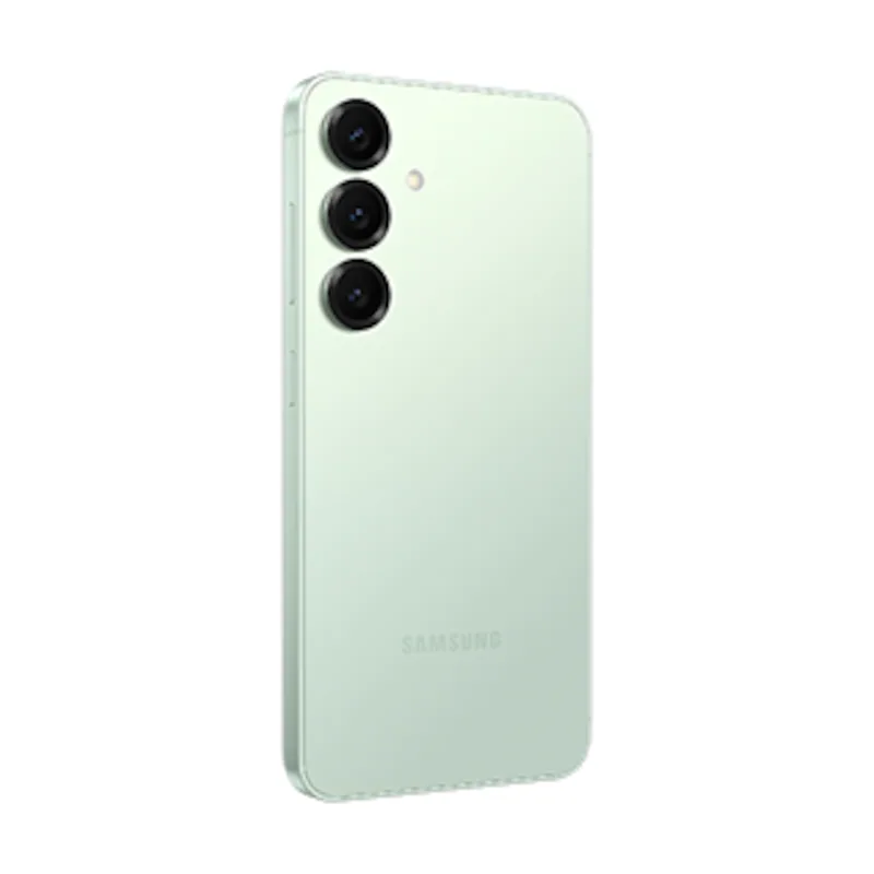 Samsung Galaxy S25 en color menta, vista trasera en ángulo