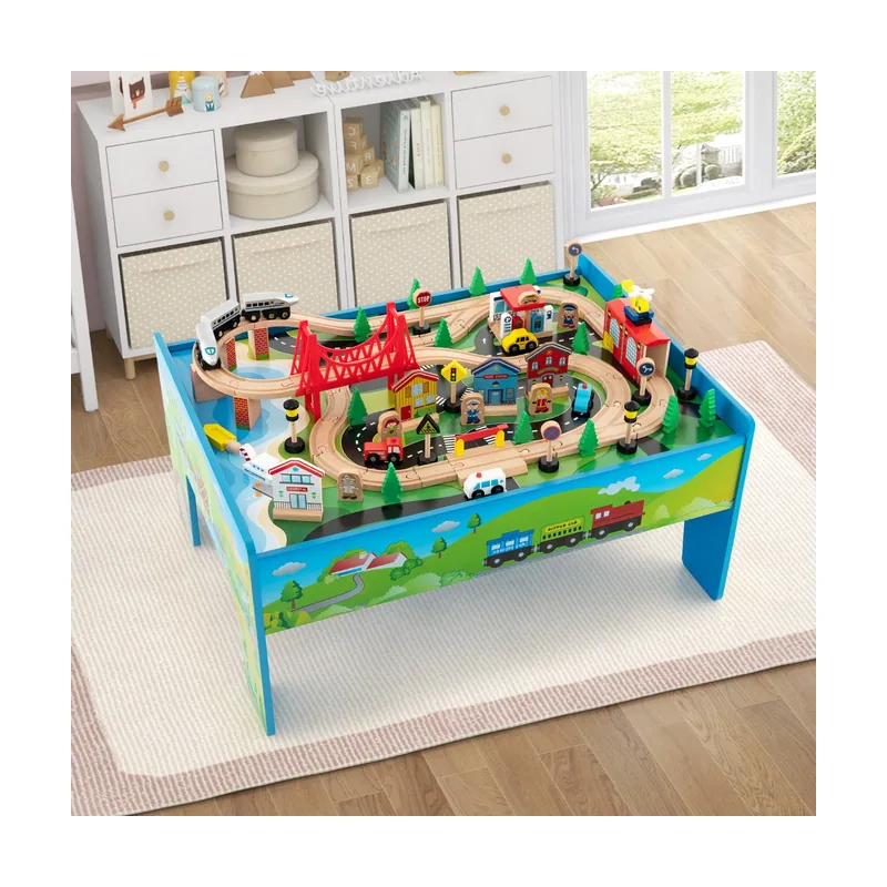 Mesa de Juegos de Tren de 80 Piezas de Madera Maciza