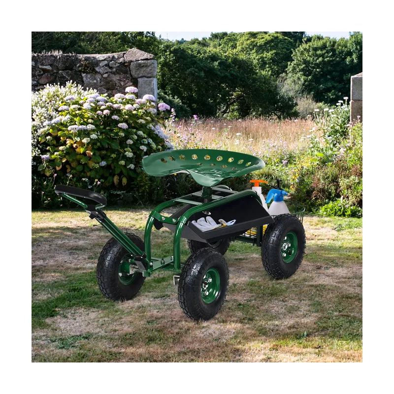 Carro Orientable para Jardín con Asa Extensible Cesta de Almacenamiento Asiento Ajustable 2 Bandejas