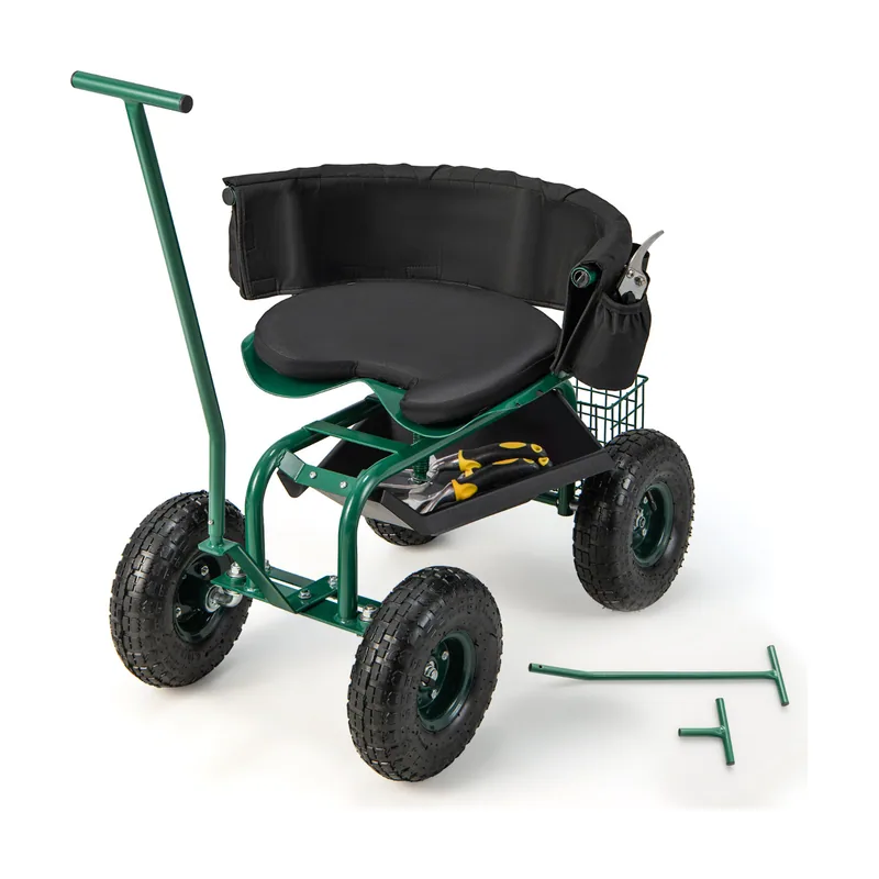 Carrito de Jardín con Asiento de Trabajo Ajustable en Altura Asiento Giratorio