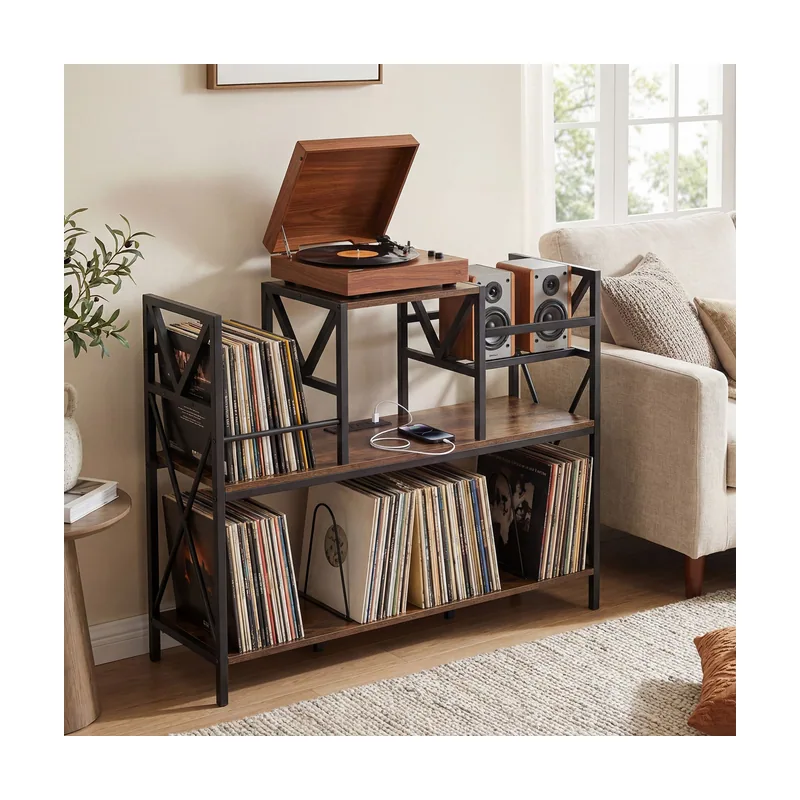 Soporte Discos de Vinilo Estilo Industrial Toma de Corriente Integrada Alta