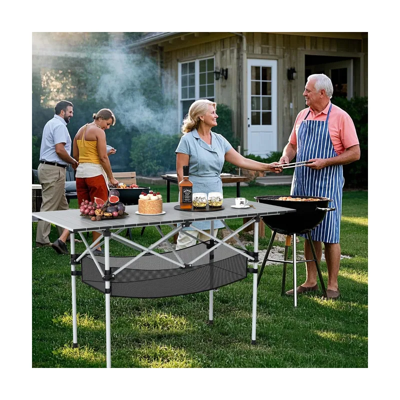 Mesa de Camping Plegable con Tapa de Aluminio Enrollable