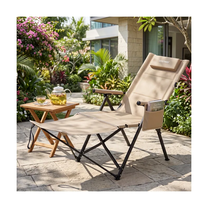 Silla de Camping con Respaldo Alto y Reposapiés Desmontable Ajustable