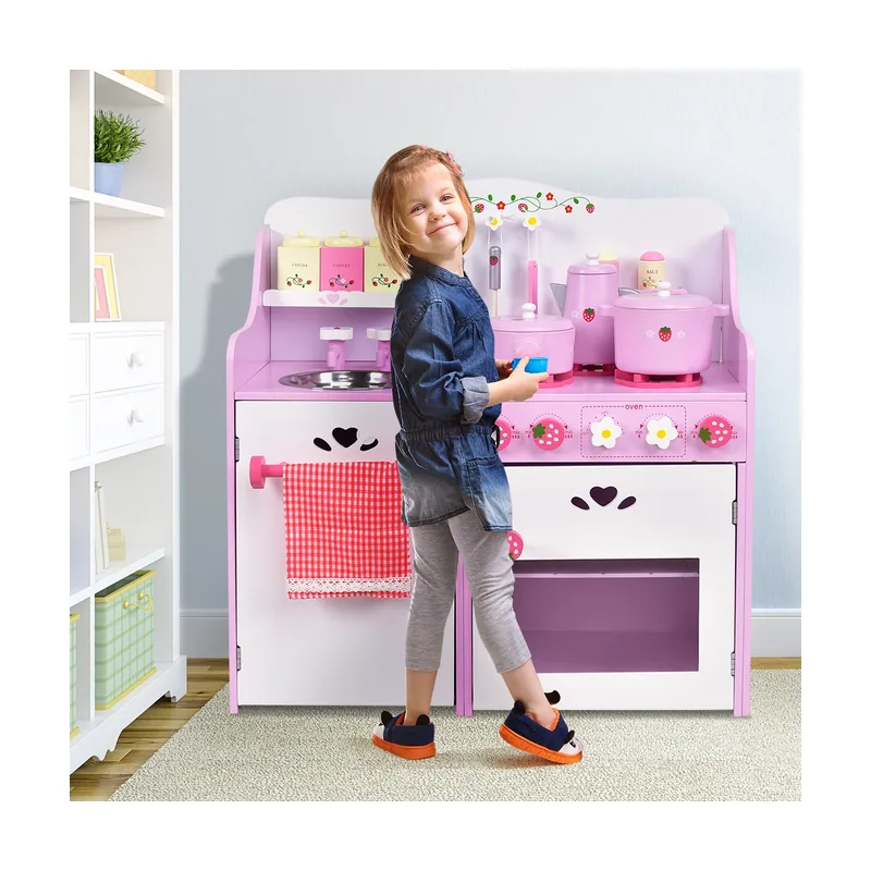 Cocina Juguete para Niña Madera Rosa Fresa Horno Juego Infantil con Accesorio