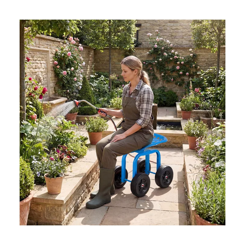 Asiento de Jardín con Ruedas Todoterreno Altura Ajustable Giratorio 360° Marco 150 kg Azul