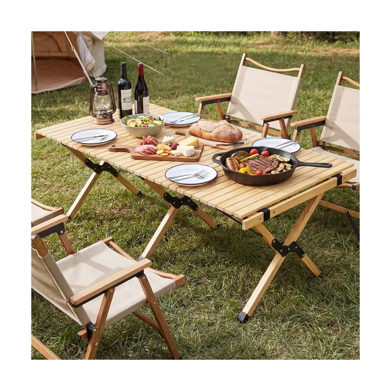 Mesa Plegable Camping Madera Pino con Tablero Enrollable