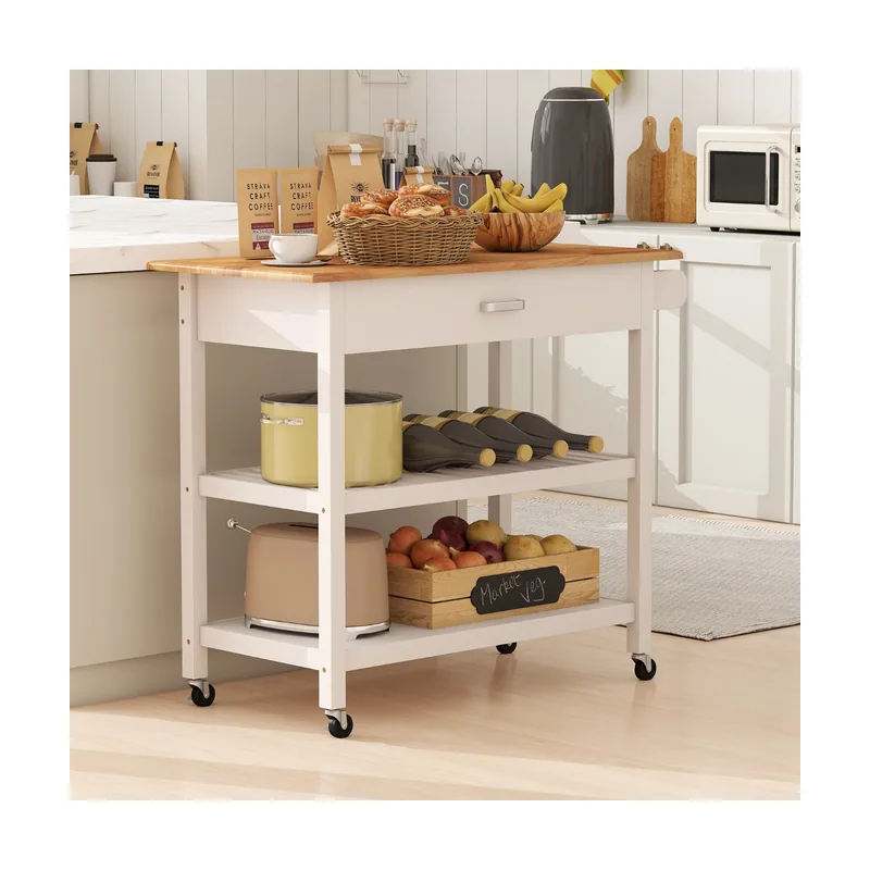 Carrito de Cocina con Encimera de Madera Cajón 2 Estantes de Almacenamiento Abiertos