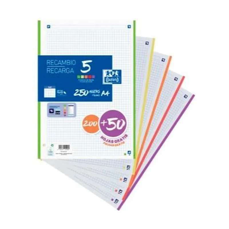 Recambio 200 + 50 hojas a4 microperforadas 4 cuadrícula 5x5mm 90gr 5 bandas colores vivos