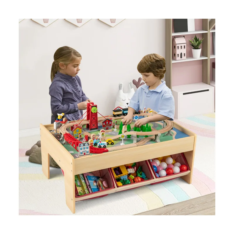 Mesa Tren Madera Niños con 2 Tableros Reversibles 3 Cajones de Tela