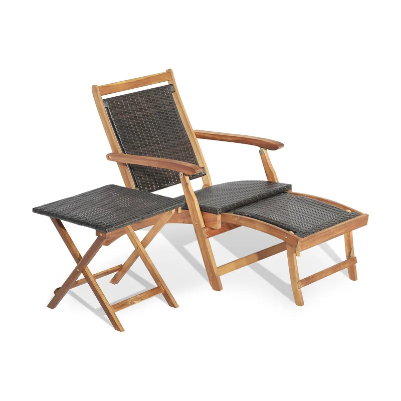 Juego de Tumbona con Otomana Retráctil Mesa Mimbre PE Plegables Muebles