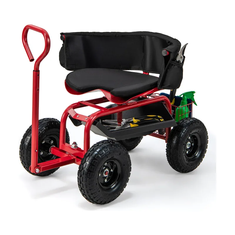 Carrito de Jardinería con Asiento Giratorio 360° Altura Ajustable 4 Ruedas